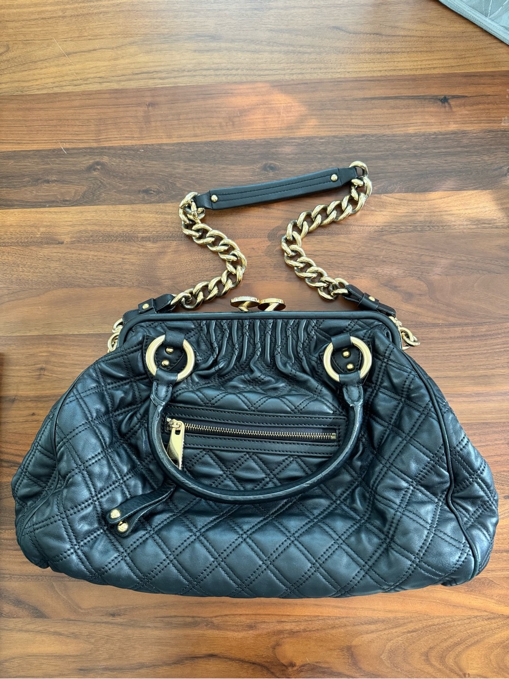 Marc Jacobs Black Quilted Leather Shoulder Satchel with Gold Hardware